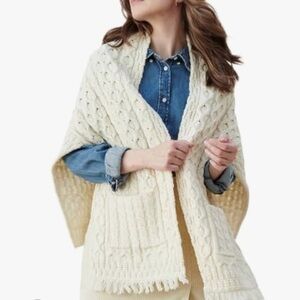 Carriag DonnTraditional Irish Merino Wool Aran Stitch Cream Knit Shawl, XS/S